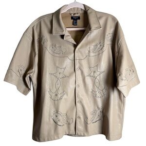 Forever 21 Western Boho Beige Leather Button Up Shirt with Embroidery Size Large